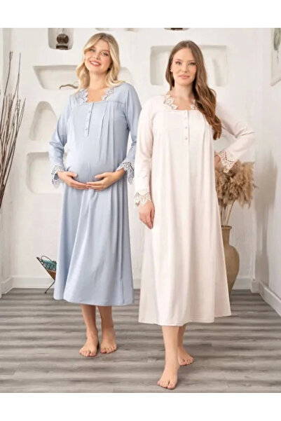 fantastik store Women's Gray Muslim Collar Maternity Maternity Nightdress