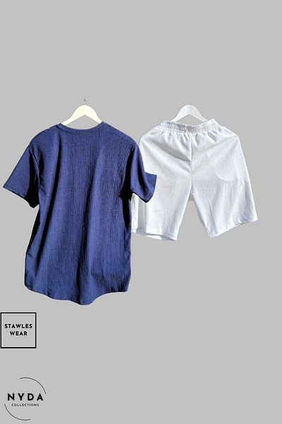 stawles wear Bürümcük Crinkle Fabric Summer Lycra Crew Neck Short Sleeve T-Shirt Shorts Set Navy Blue - White