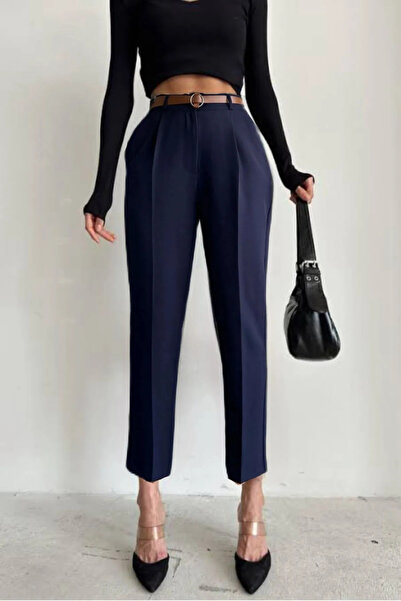 LYDA KADIN DAR PAÇA KEMERLİ PANTOLON LACİVERT