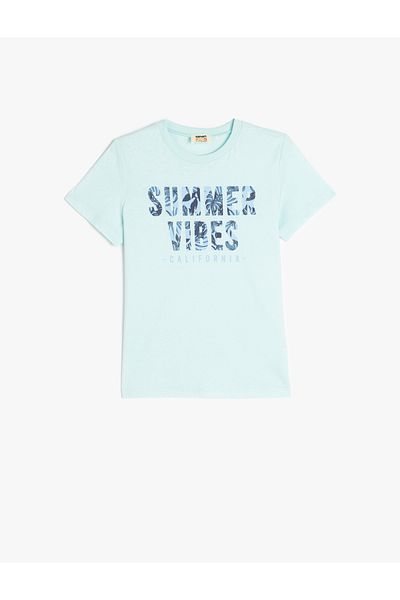 Koton Tricou din bumbac cu mânecă scurtă, cu slogan, cu decolteu și mânecă scurtă