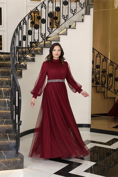 Modaviki Alya Evening Dress Burgundy Fvm206 Model Shoes