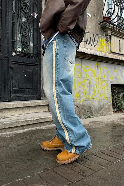 Flaw Wear Blue Baggy Jean with Side Straw Detail