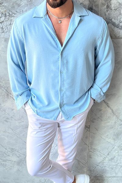 pepule Men's Baby Blue Loose Cut Textured Oversize Casual Ayrobin Shirt