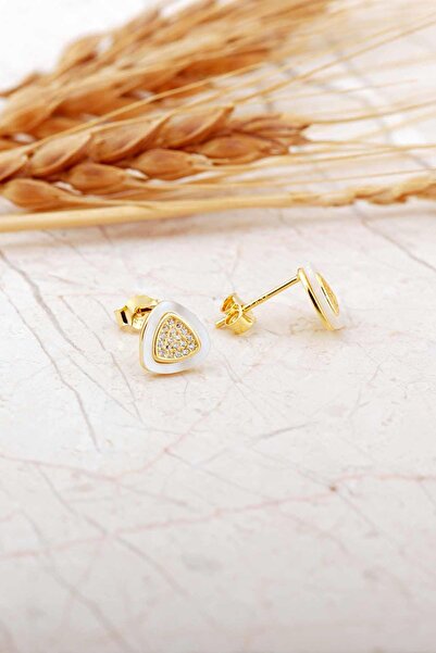 Sümer Telkari Sedef Taşlı Altın Kaplama Üçgen Mini Gümüş Küpe 7271