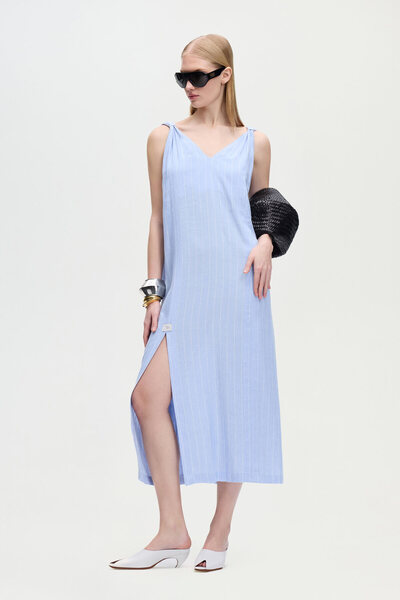 İKİKIZ Keten Karışımlı Çizgili Elbise