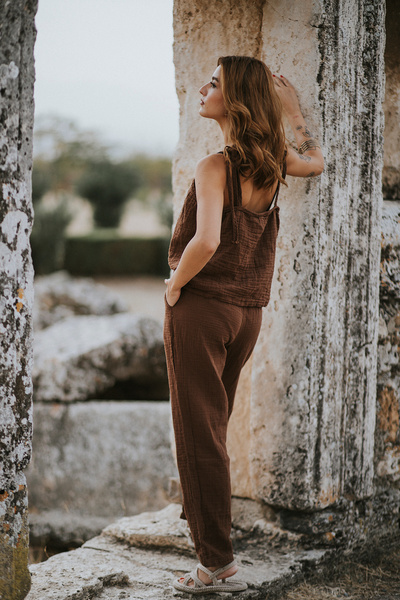 Cosibello Home Layla Women's Muslin Suspender Blouse Kimono and Shorts Set