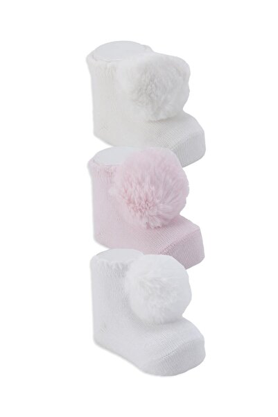 Bebelop Kız Bebek Büyük Ponpon Detaylı Desenli 3'lü Kısa Bilek Çorap