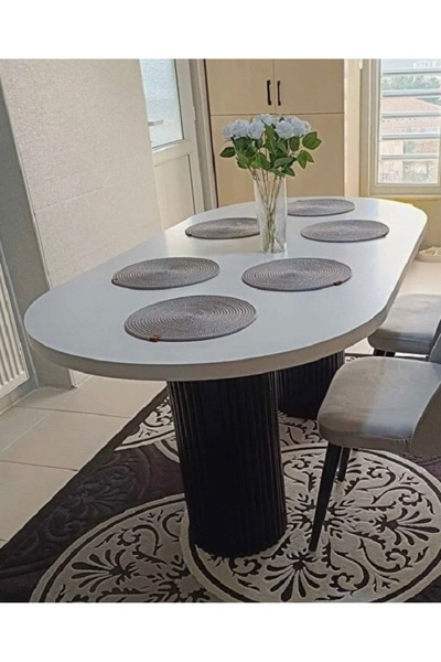 OlcayAksesuar Ada 180x90x75cm (36MM KALIN KENARLI) Oval Beyaz Sütunlu Yemek M...