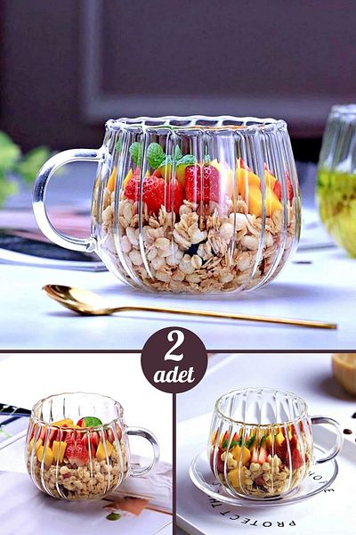 Tilbe Home Set of 2 Striped Cups 250 ml Retro Teacups Coffee Presentation Cup Durable Glass Mug Cup Set
