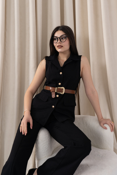 MissVina Μακρύ γιλέκο με διακοσμητικές τσέπες και ζώνη & παντελόνι με ισπανικ...
