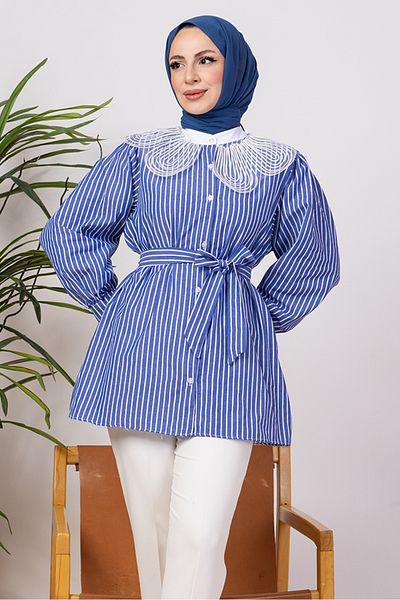 Bestenur Cămașă Galvin Organza Judge Guler 1409 - Albastru