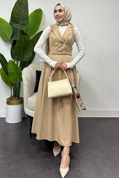 Tesettür Diyarı Beige Women's Four Knotted Vest Suit
