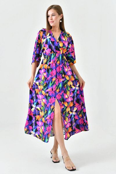 WOMAN VISION Rochie florală cu talie cu mâneci lungime midi liliac 3154