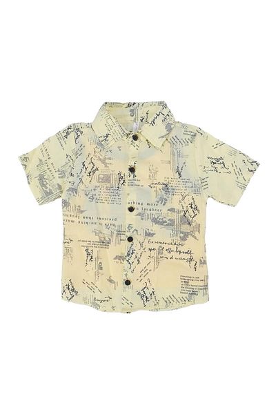 Bebelop Boy's Newspaper Text Printed Shirt T-Shirt Denim Shorts 3-Piece Set