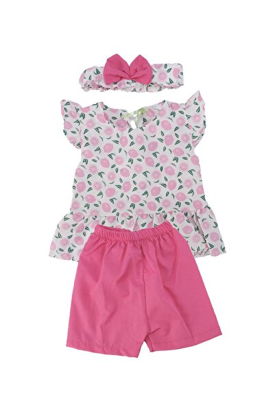 Bebelop Kız Çocuk Meyve Desenli Bandanalı Şortlu Trikoton Elbise Takım