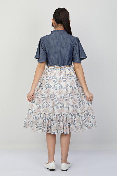 e-çocuk Flower Printed Girl's Denim Dress 26105