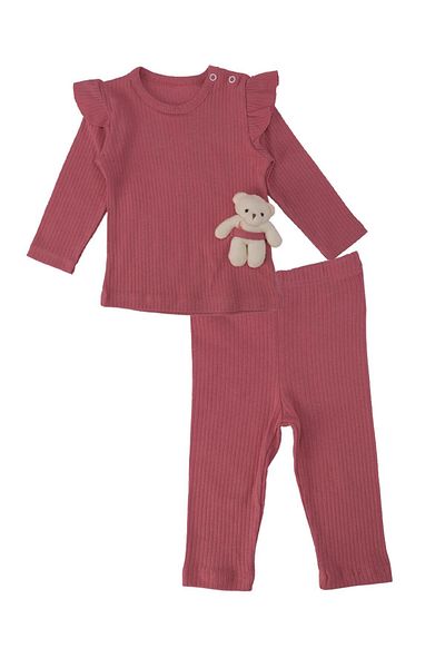 Bebelop Baby Girl Ruffle Sleeve Detailed Snap Teddy Bear 2-Piece Top and Bottom Set