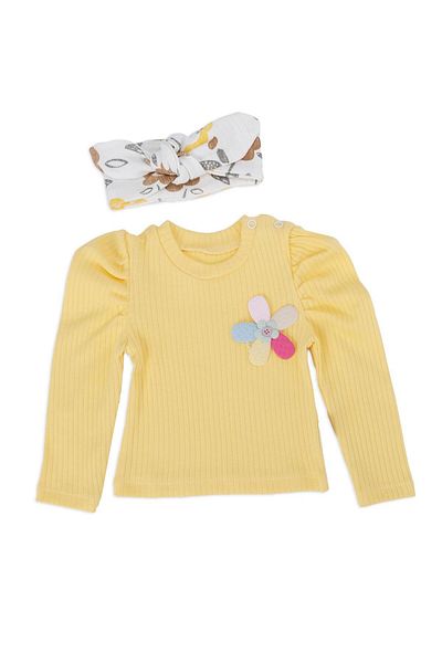 Bebelop Baby Girl Floral Printed Bow Detail Bonnet 2-Piece Top and Bottom Set