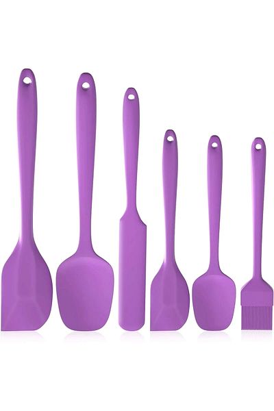 Tilbe Home 6-Piece Silicone Serving Set Fireproof Non-Stick Spoon Knife Spatula Brush Purple Colored Kitchen Spoon Set