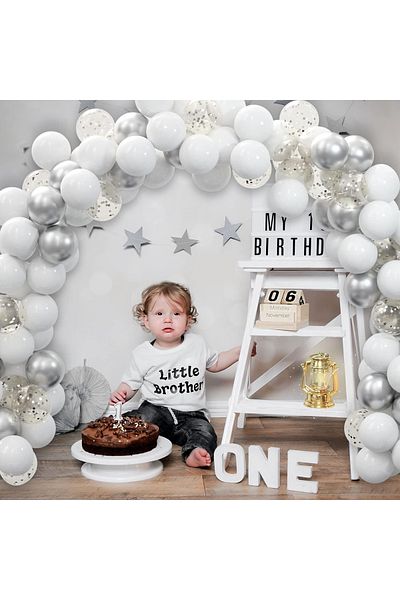 BALON DİYARI Silver & White& Transparent Confetti 25Pcs Balloon Chain Set – Glamorous and Stylish Party Decor