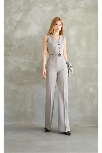Sea Queen Women's Mint Green Palazzo Trousers Buttoned Short Crop Vest Two Piece Set