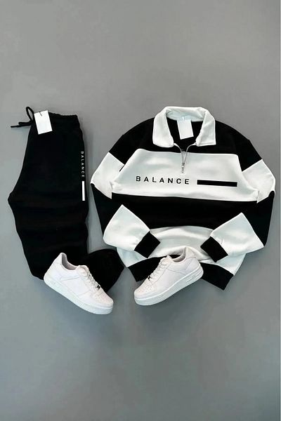 DAPHN New Season Men's Women's Unisex Black and White Five-Piece Stand Collar Balance Printed Petrol Tracksuit Set
