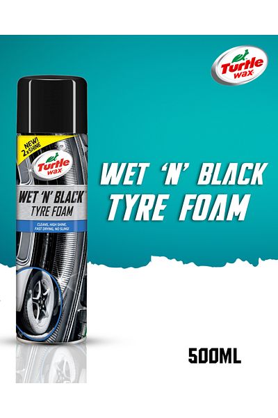 Turtle Wax Wet 'N' Black Tyre Foam 500ml High Shine Fast Drying, No Sling, Long-Lasting Black Finish