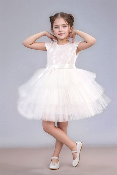 ABİYEKİDS Λευκό Παιδικό Φόρεμα - Sequined KatKat 23nisan Aby182