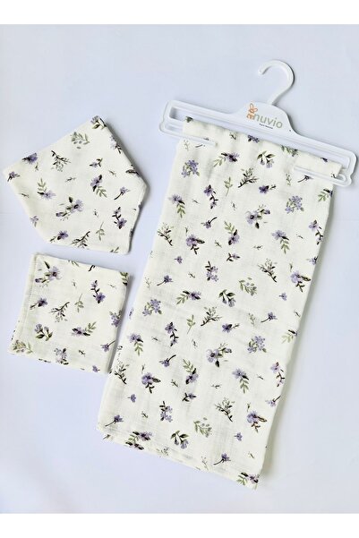 NuvioKids طقم بطانية من الموسلين القطني العضوي بزهرة الليلك مكون من 3 قطع - ب...