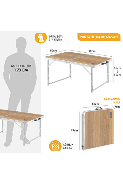 HAEGS Portatif Kamp Masası, 2 Yükseklik Ayarlı, Katlanır Alüminyum Piknik Masası- 90x50 Hareli Ceviz