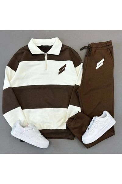 DAPHN Men Women Unisex Coffee Color White Five Piece Stand Collar Double Striped Printed Petrol Tracksuit Set