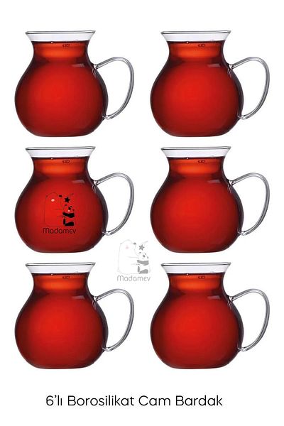 Tilbe Home Set of 6 Keyfi-Ala Glass Cups Heat Resistant Borosilicate Teacup Cup Set with Handles