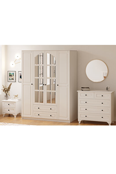 Rabi Beyza Country 4 Kapak 2 Çekmeceli Gardırop Şifonyer Komodin Takımı
