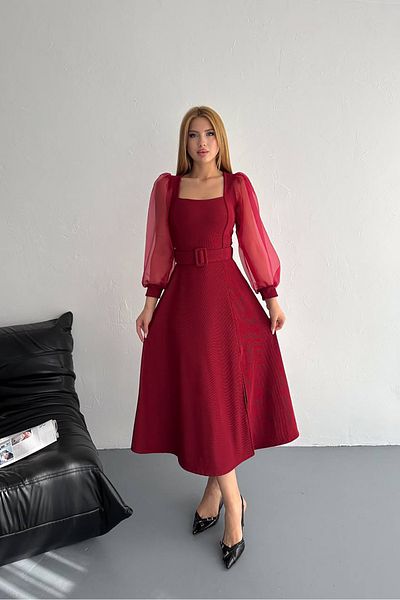 Neşeli Butik Women Square Collar Belt Balloon Sleeve Dress Nbk0015