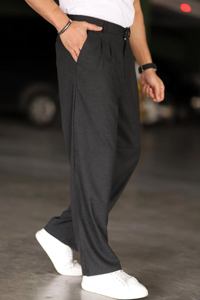 Ottawe Relaxed Fit Yüksek Lastikli Bel Astarlı Cepli fermuarlı Düğme Detay Çift Pile Baggy Kumaş Pantolon