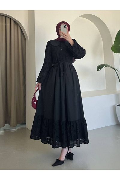 Modamorfo فستان صدفي بياقة نصف زر للأطفال - أسود