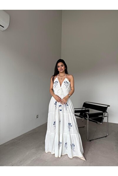 Bade Butik فستان جيبلي زهري أزرق إكرو