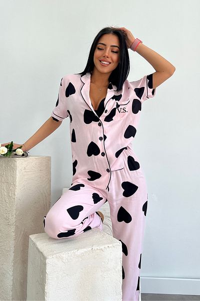 FENZO Costum de pijama cu mânecă scurtă roz-negru pentru femei, din bumbac, cu nasturi, cu imprimeu inimă, confortabil