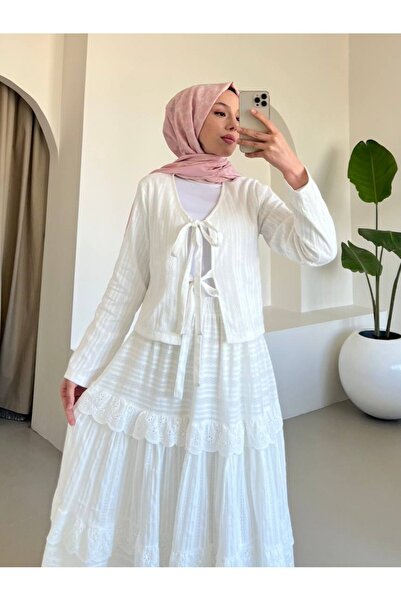 Modamorfo Tie Front Scalloped Skirt Suit -White