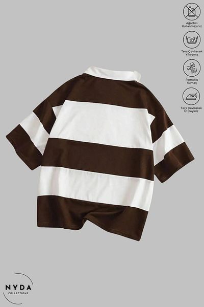 Nyda Collections Unisex Polo γιακά με μισό φερμουάρ ριγέ λευκό μπλουζάκι με κοντό μανίκι από βαμβακερό oversize