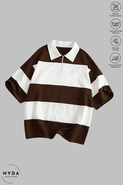 Nyda Collections Unisex Polo γιακά με μισό φερμουάρ ριγέ λευκό μπλουζάκι με κοντό μανίκι από βαμβακερό oversize