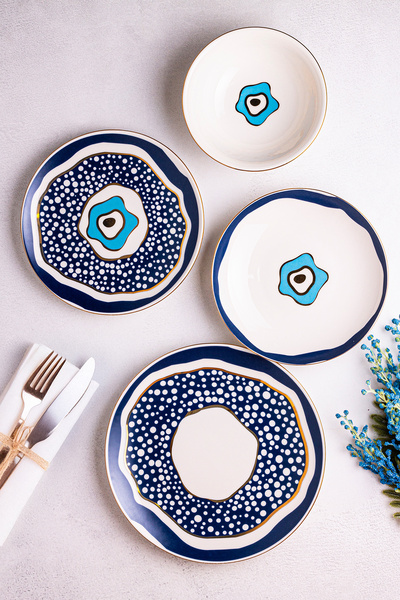 Snippy Nazar - 24 Parça 6 Kişilik Gold Detaylı Porselen Yemek Takımı Porselen Altın Yaldızlı Yemek Seti