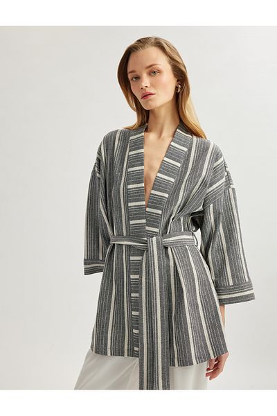 Koton Cotton Comfortable Fit Belted 3/4 Wide Sleeve Long Kimono