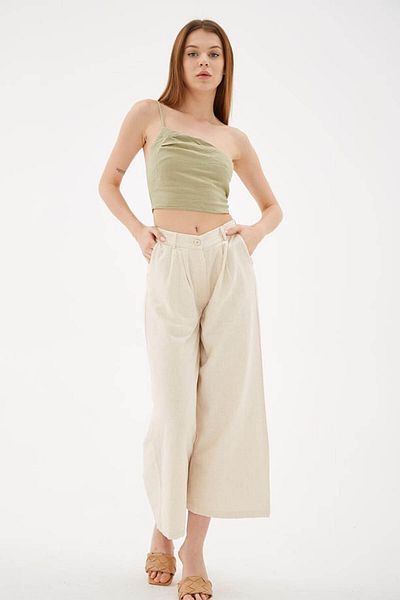 Fashion Friends High Waist Culotte Linen Beige Women's Trousers 25Y0341K1