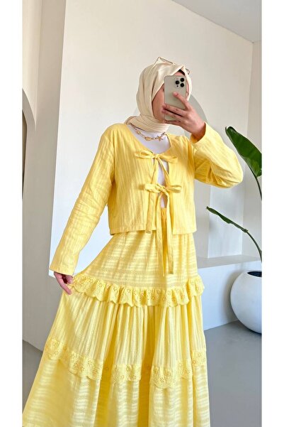 Modamorfo Tie Front Scalloped Skirt Suit -Yellow
