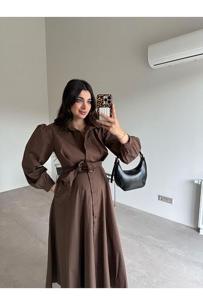 Bade Butik Кафява рокля-риза с вързана талия