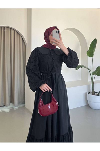 Modamorfo فستان صدفي بياقة نصف زر للأطفال - أسود