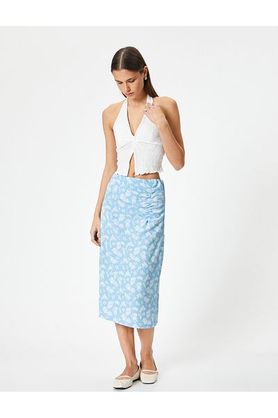 Koton New Season Floral Midi Pencil Skirt with Drape Detail High Waist Comfortable Fit Textured