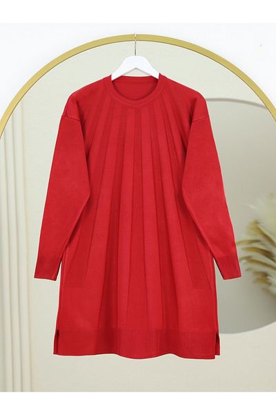 Modamorfo Slit Fan Patterned Knitwear Tunic -Red