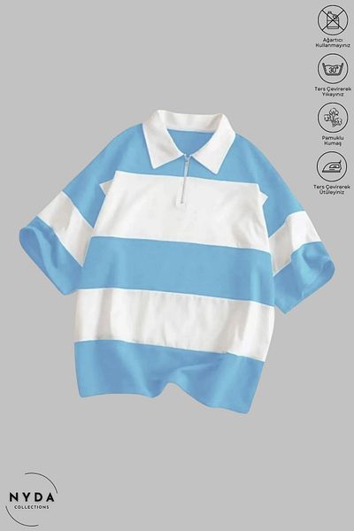 Nyda Collections Unisex Polo γιακά με μισό φερμουάρ ριγέ λευκό μπλουζάκι με κοντό μανίκι από βαμβακερό oversize